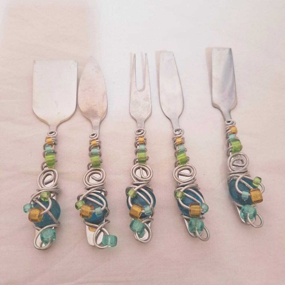 Cambridge Flatware Hostess 5-Pc Appetizer Set Blue/Gold Bead Wire Wrapped
